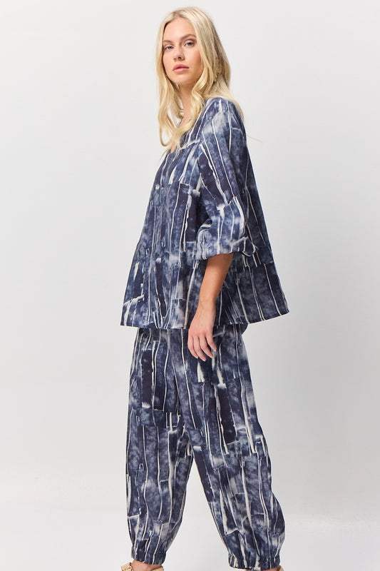 Valia ocean print indigo blue and white linen top.