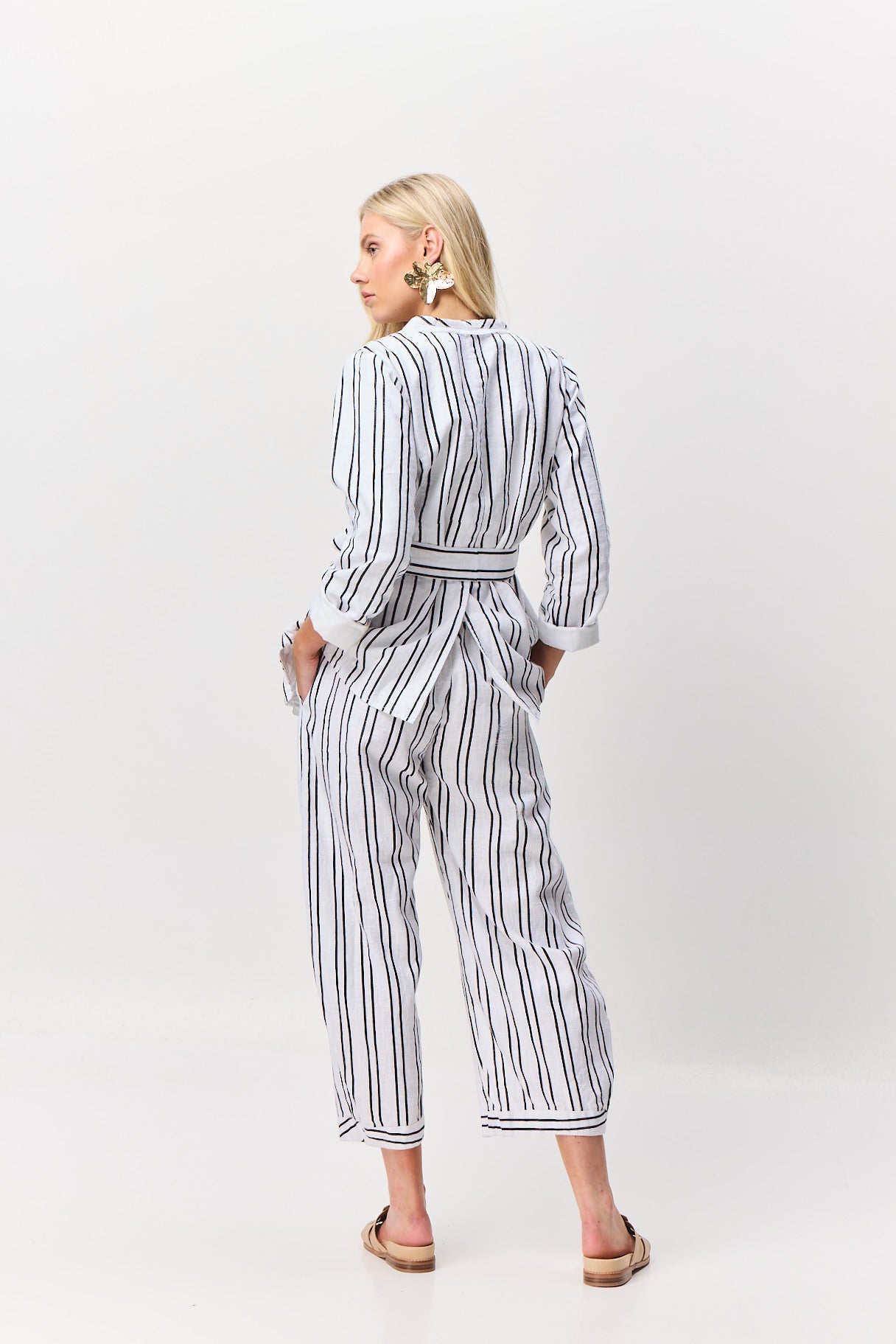 Valia Magnolia pants in black and white linen stripes.