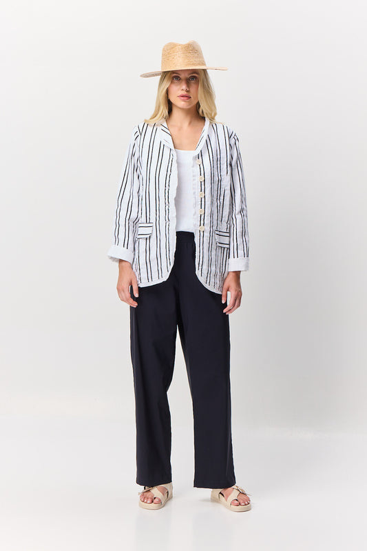 Valia Magnolia jacket in black and white linen stripes.