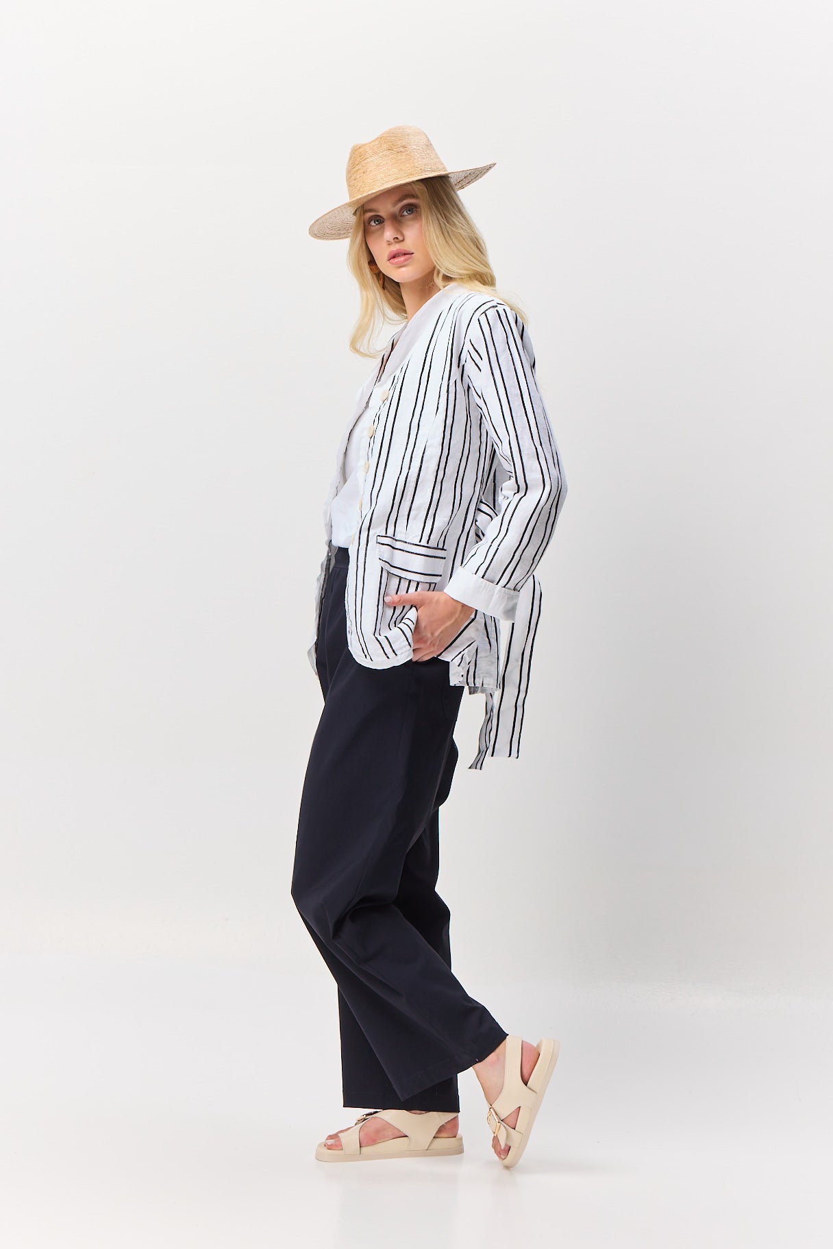 Valia Magnolia jacket in black and white linen stripes.