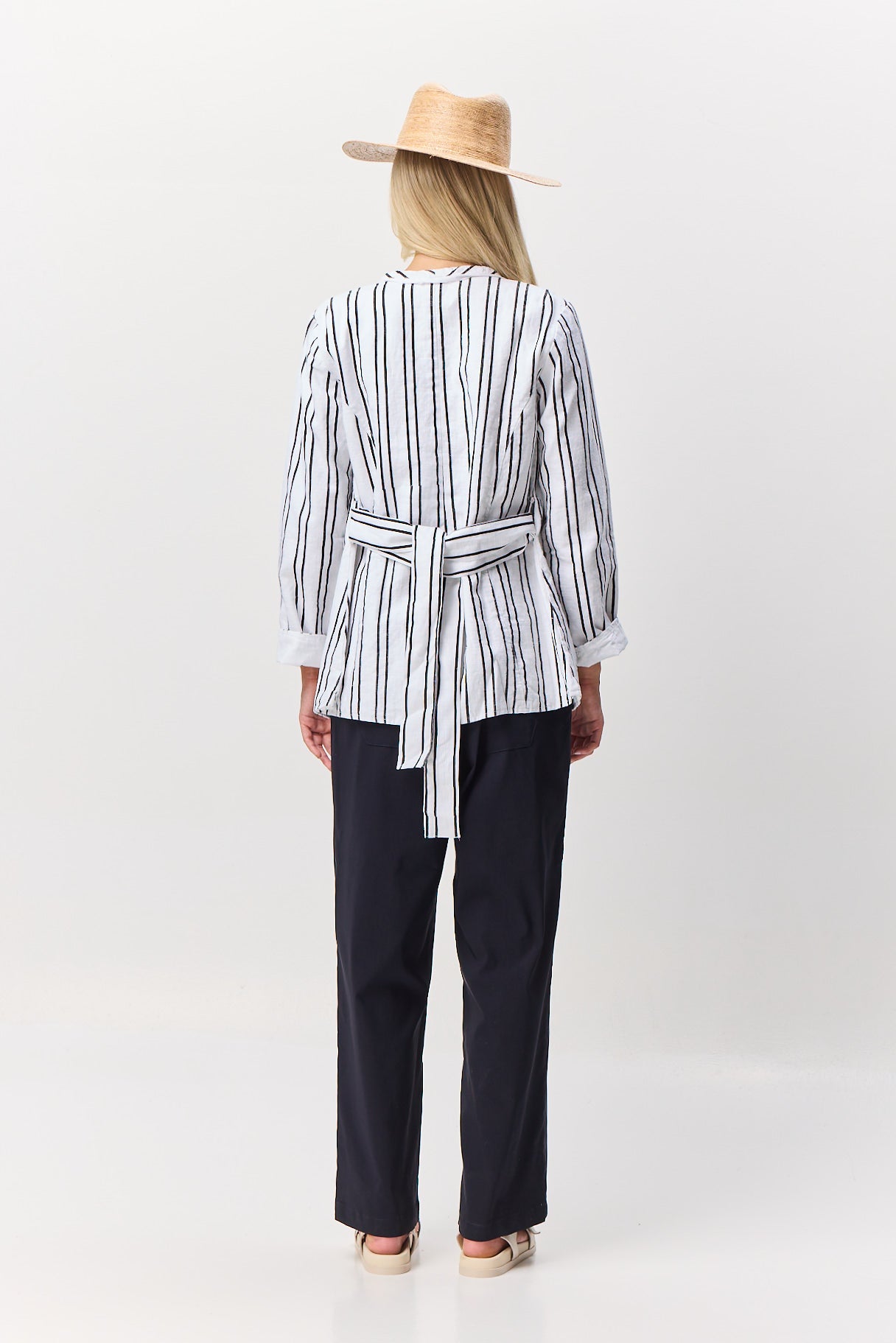 Valia Magnolia jacket in black and white linen stripes.