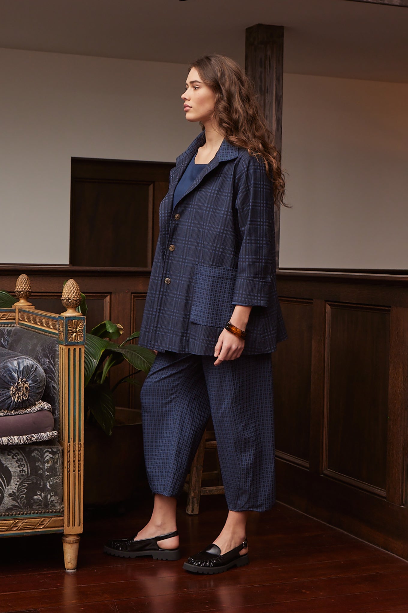 Valia made in Melbourne Queen Victoria ink navy check jacket.