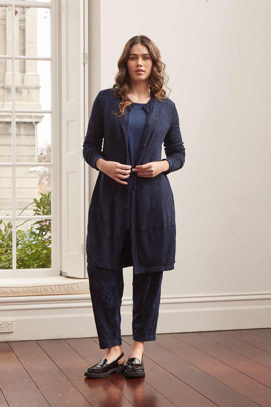 Valia made in Melbourne Australian merino  wool jacquard coat in deep ink navy.