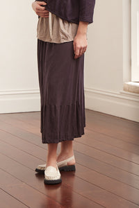 Valia merino wool knit Gardeners skirt in wood dark chocolate brown.