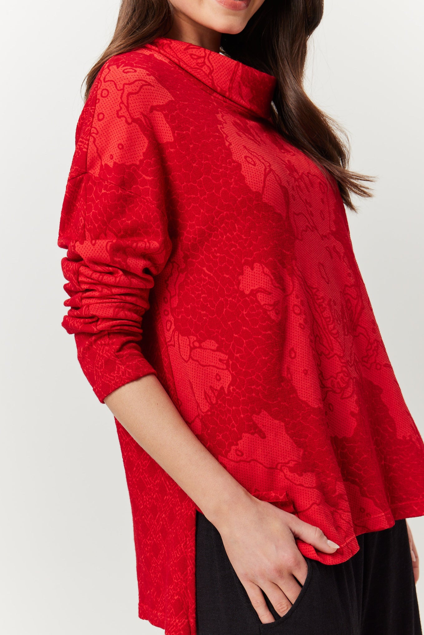 Valia merino wool jersey jacquard Acorn pullover in red.
