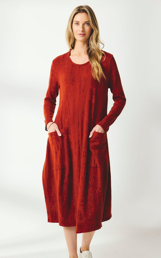 Valia Chantilly long sleeved midi length dress, wool knit jacquard print in Oxblood red.