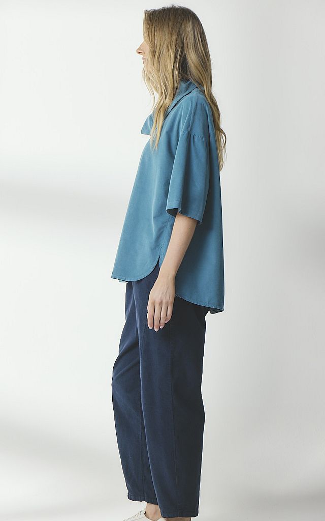 Valia superfine cord tunic top in lagoon denim blue.