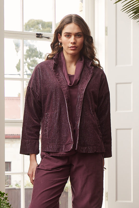 Valia Las Vegas ruby red corduroy jacket.