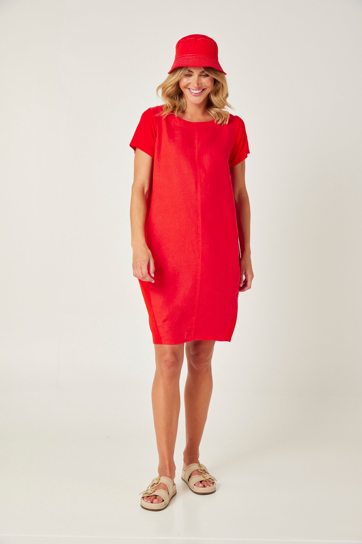 Valia Michelle short sleeve shift dress in linen and cotton bright red.