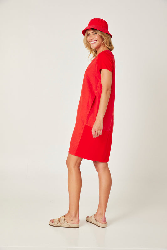 Valia Michelle short sleeve shift dress in linen and cotton bright red.