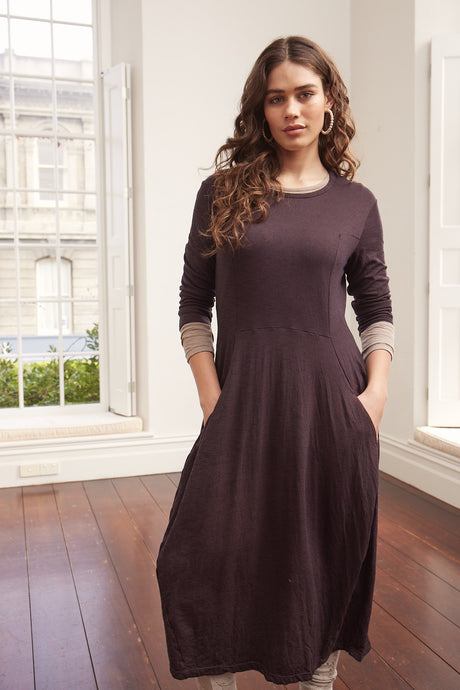 Valia made in Melbourne merino wool jersey dress in chocolate brown.