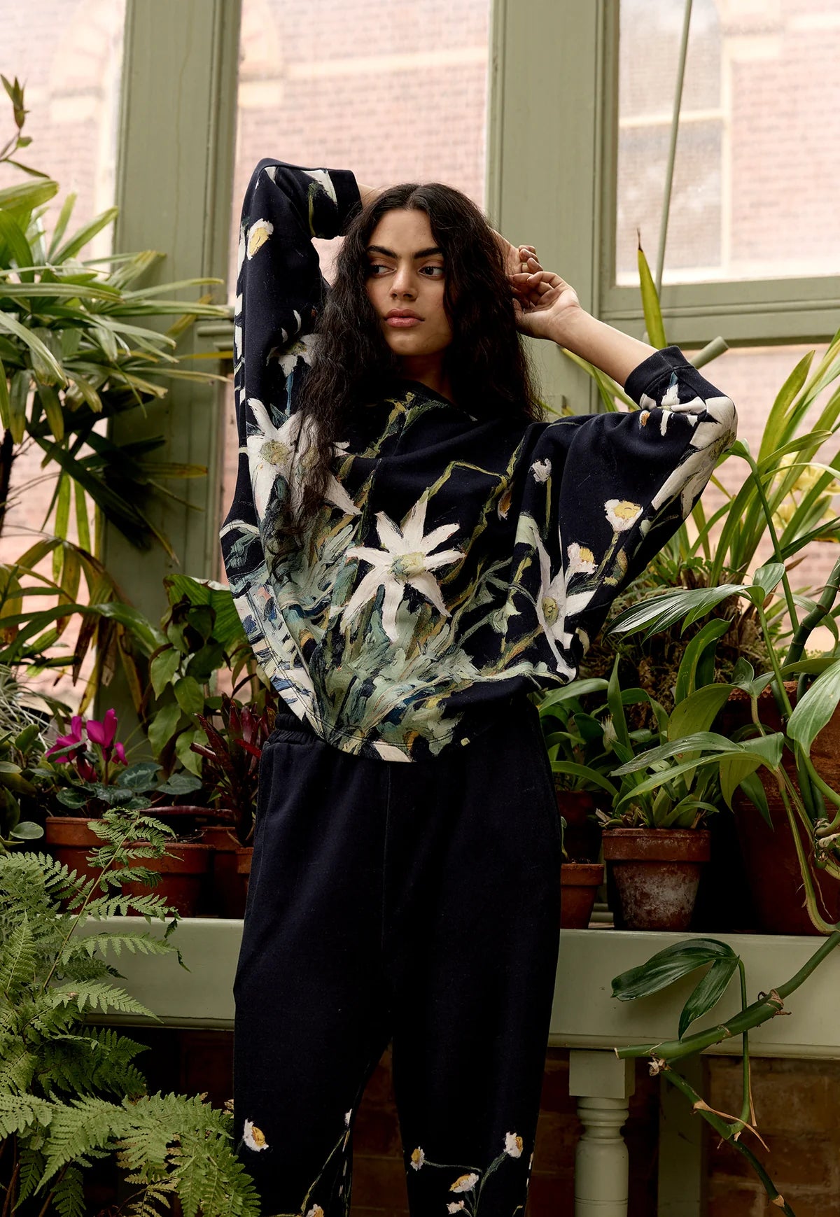 Nancybird cotton knit Dahlia batwing sweat featuring flannel flower artwork.