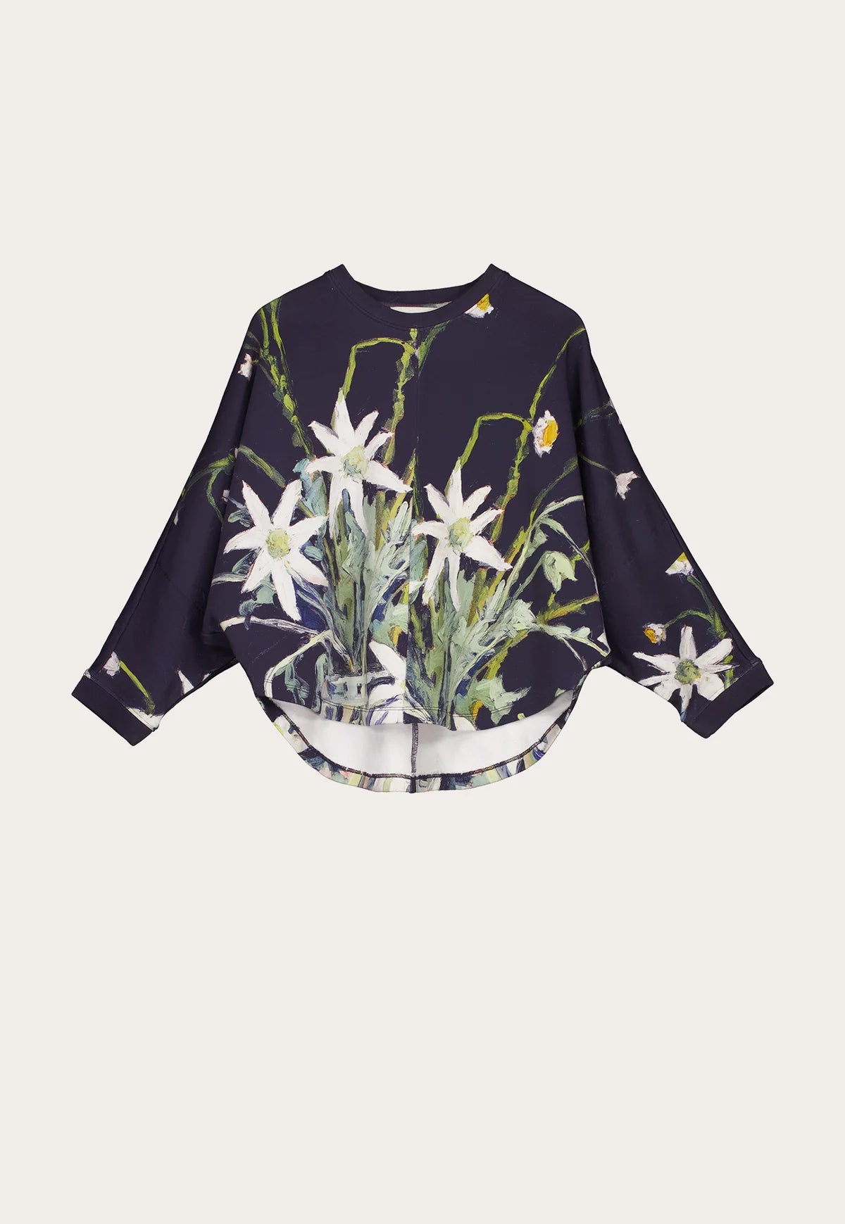 Nancybird cotton knit Dahlia batwing sweat featuring flannel flower artwork.