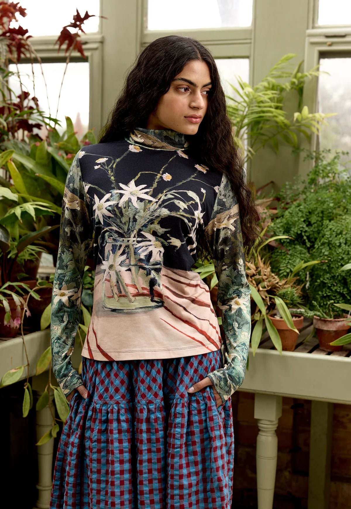 Nancybird cotton knit Sundew skivvy featuring flannel flower artwork.