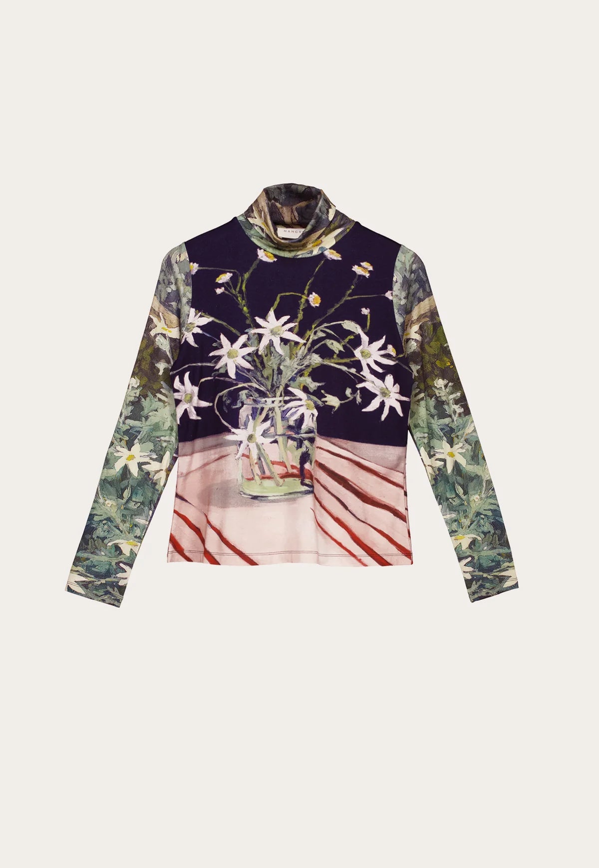 Nancybird cotton knit Sundew skivvy featuring flannel flower artwork.