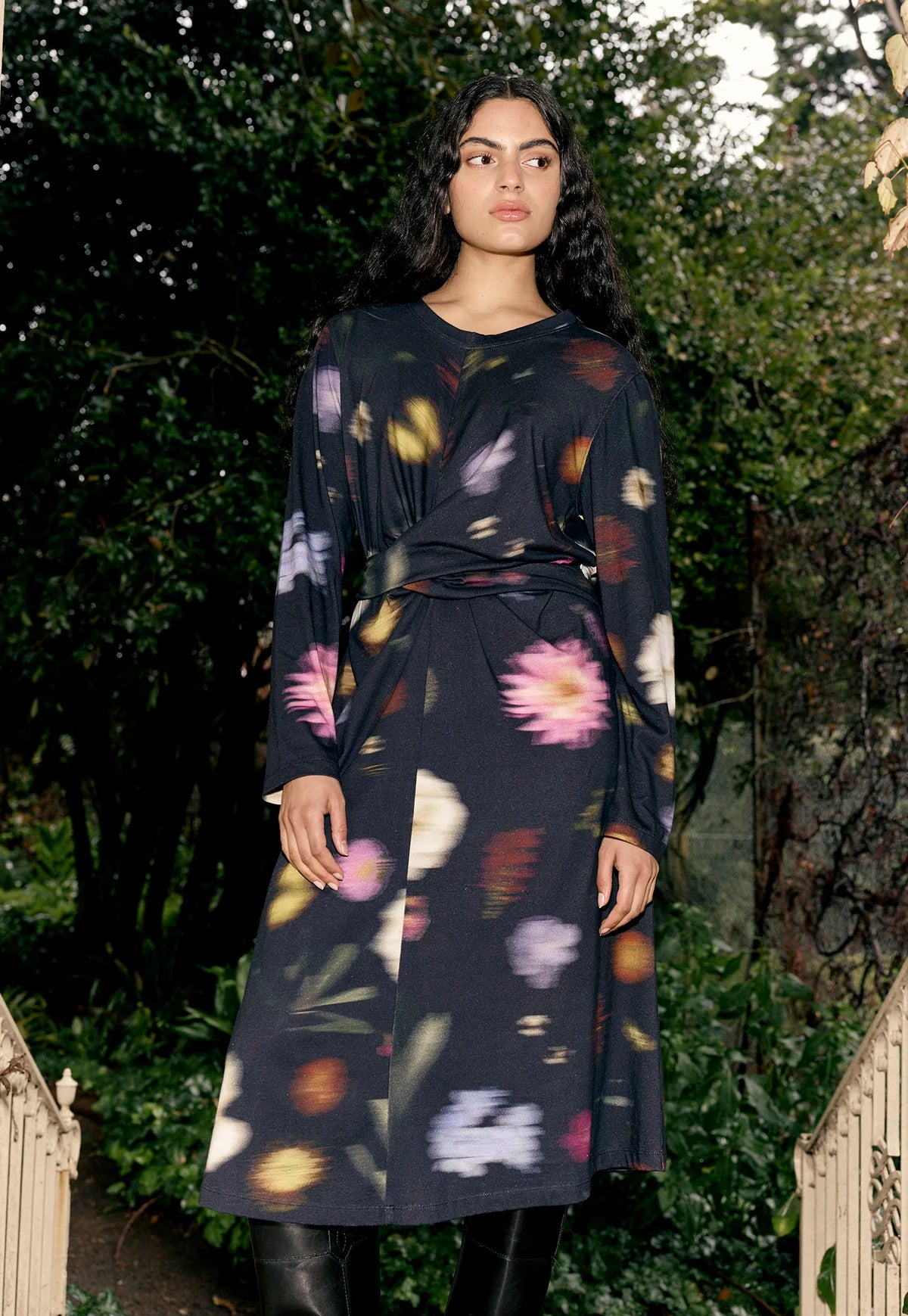 Nancybird organic cotton jersey knit wrap t-shirt dress in Haze floral print.