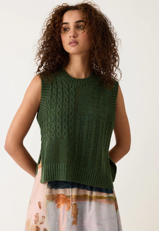 Nancybird cypress green cable knit merino wool vest.