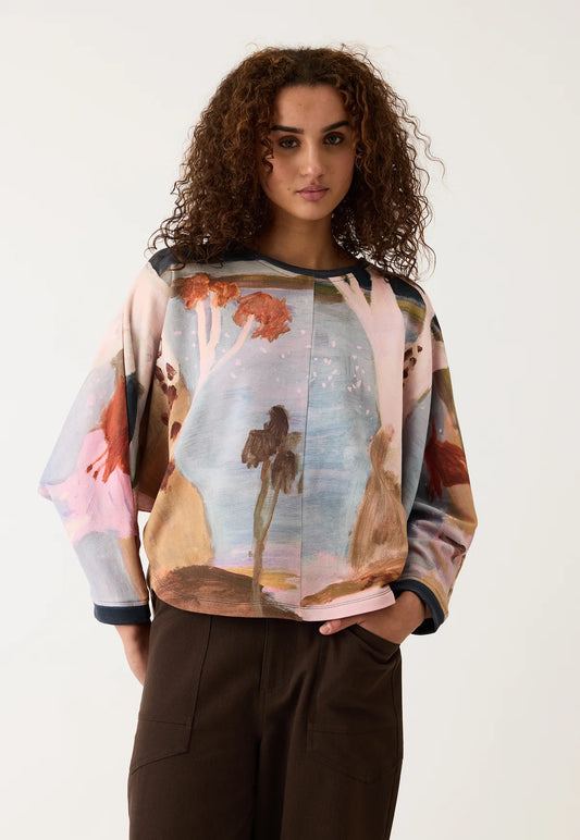 Nancybird Dahlia batwing organic terry cotton sweatshirt featuring the artwork of Australian artist Wendy McDonald.