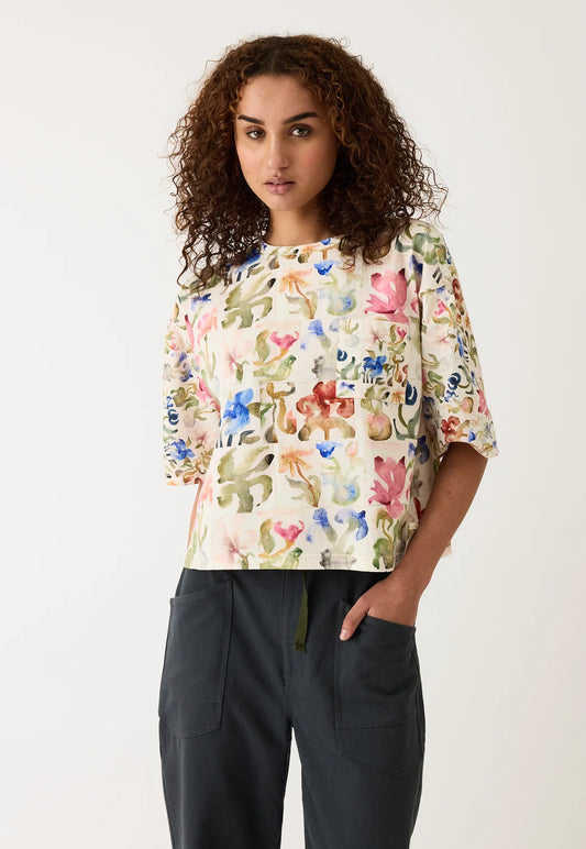 Nancybird tasmin boxy cotton tee t-shirt in watercolour collage floral print.