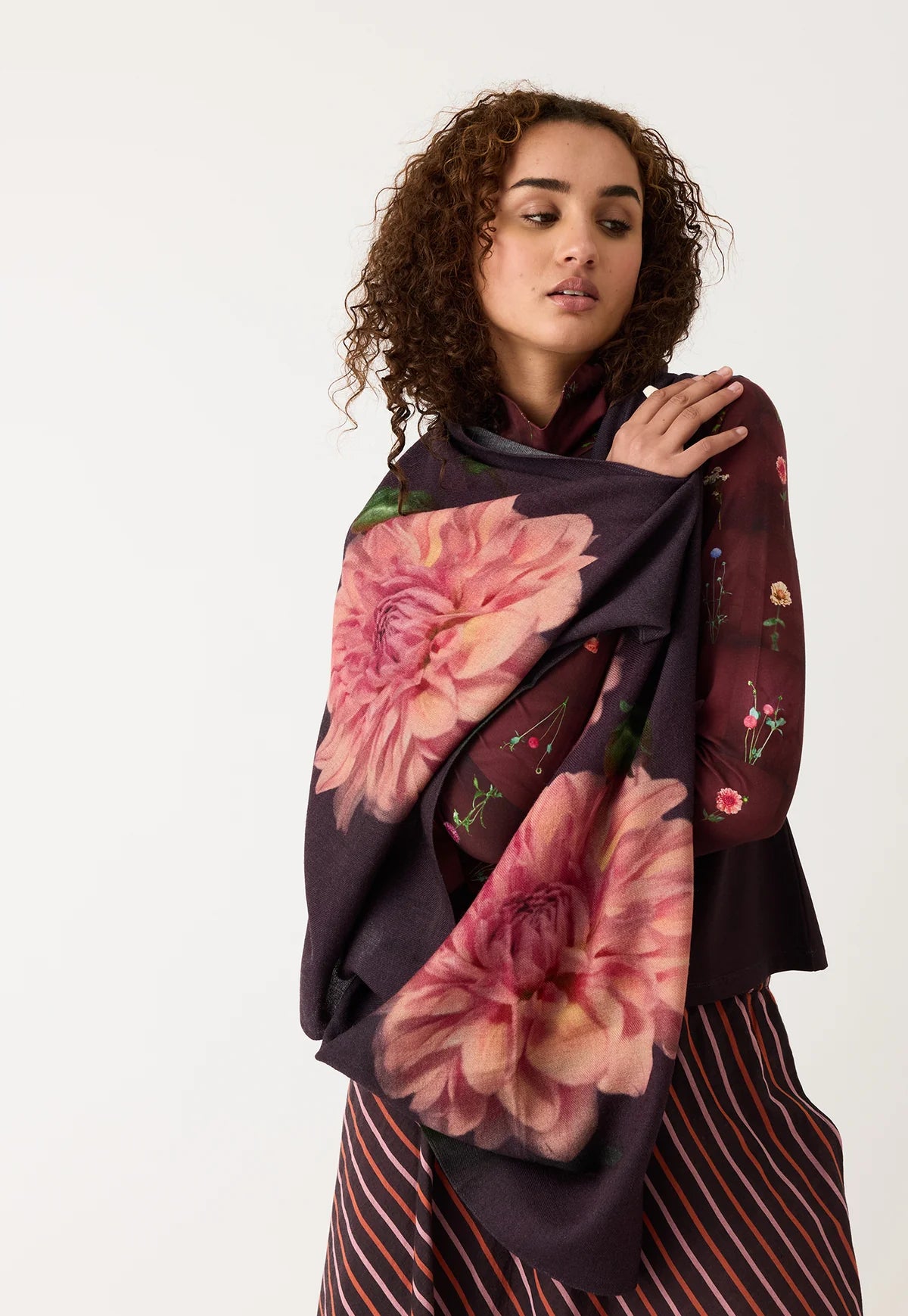 Nancybird Dahlia long fine wool floral scarf.