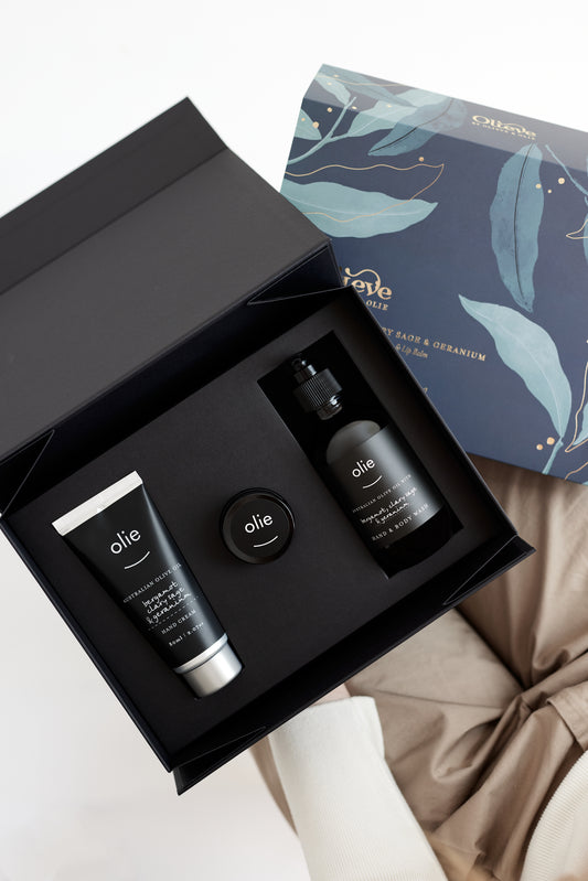 Olieve and Olie Christmas box set hand wash hand cream and lip balm.