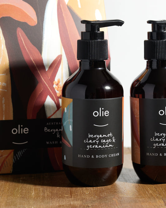 Olieve and Olie bergamot, clary sage and geranium hand and body wash and hand and body cream twin boxed gift set, all natural and organic ingredients.