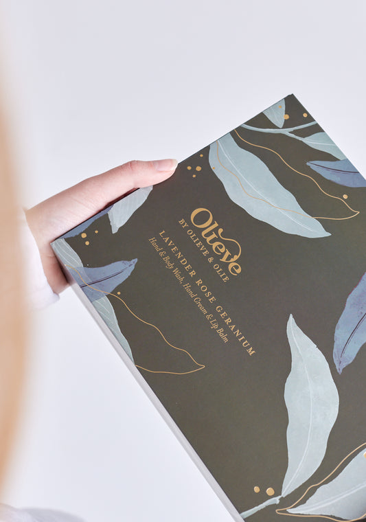 Olieve and Olie Christmas gift set hand soap, hand cream and lip balm.