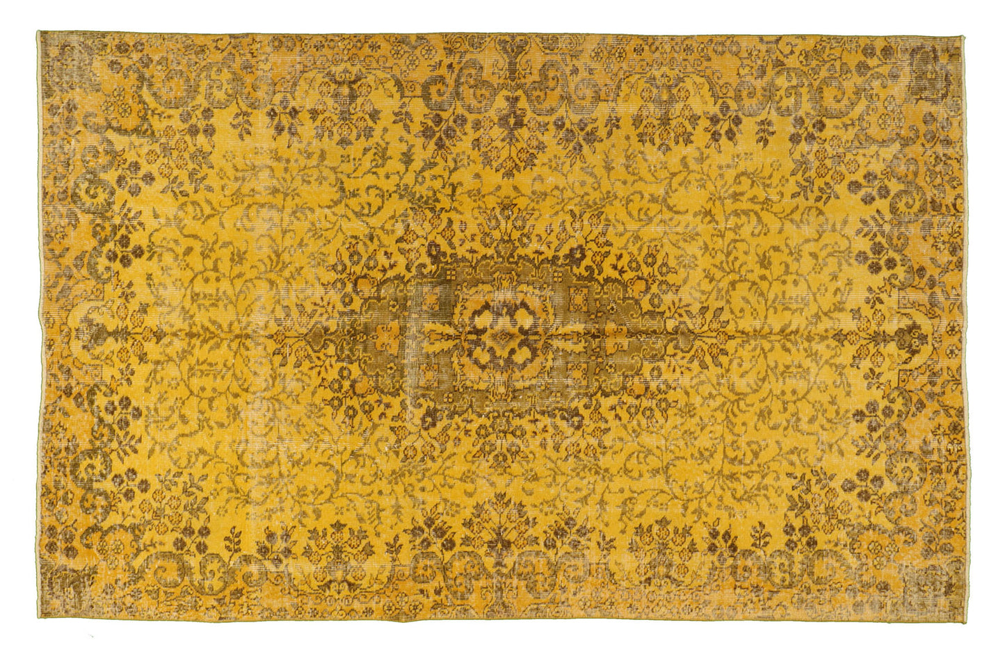 Vintage Turkish carpet floor rug distressed overdyed golden yellow mustard.