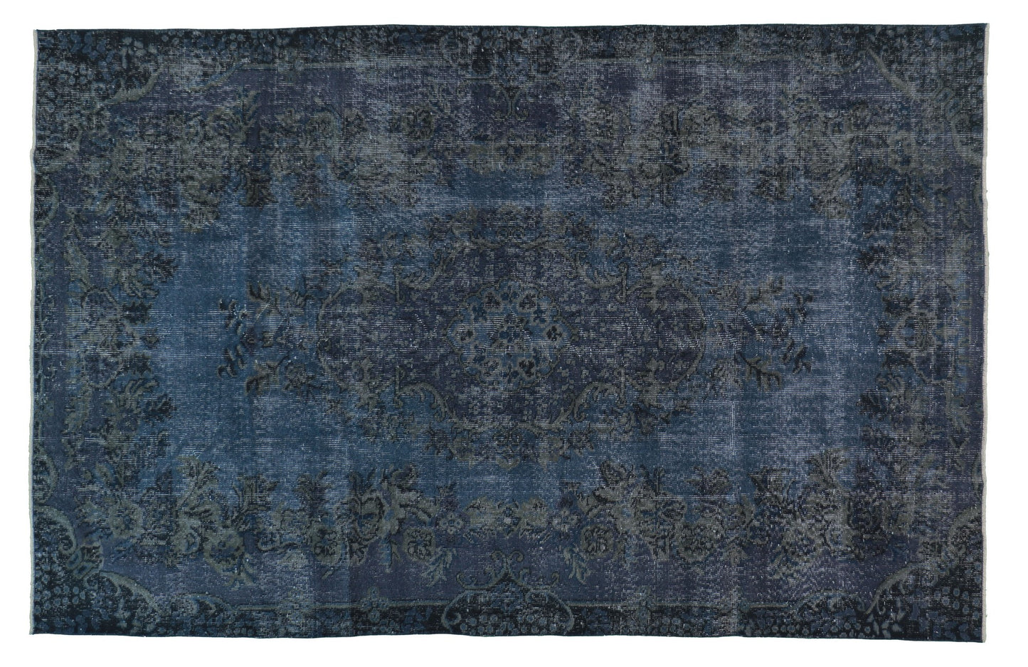 Vintage Turkish carpet floor rug distressed overdyed deep indigo blue.