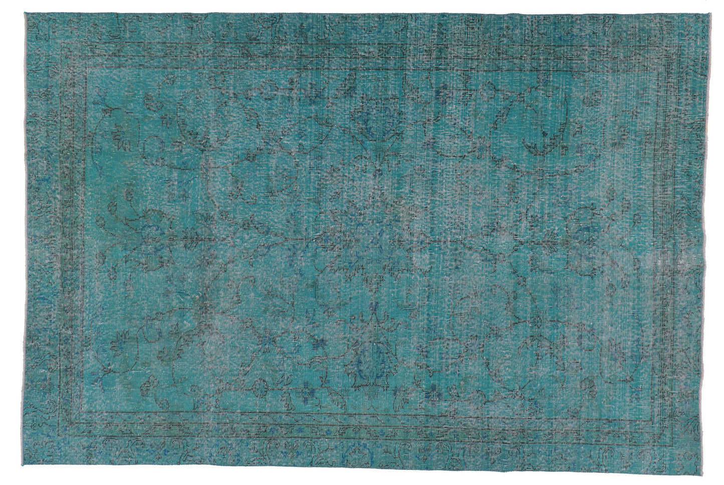Vintage Turkish carpet floor rug distressed overdyed aqua blue.