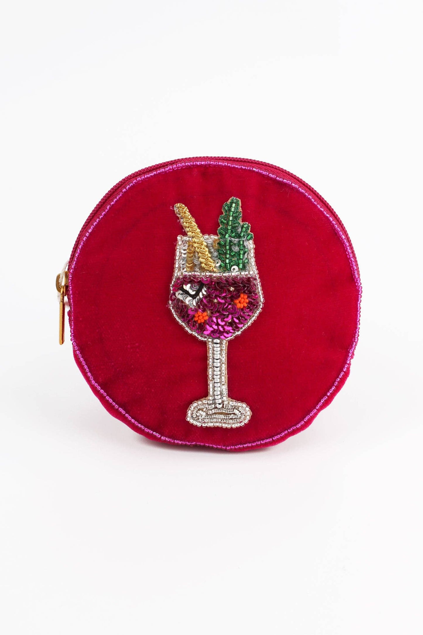 My Doris beaded pink fizz round velvet zippered pouch.