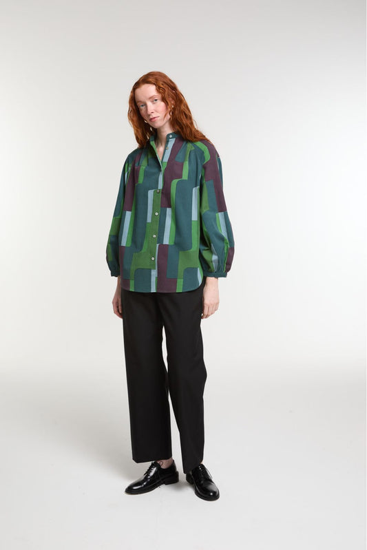 Ma Poesie Lola shirt in Petra print on cotton poplin in greens and burgundy.