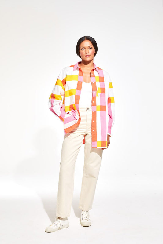Ma Poesie Marcel Bolero button up oversized shirt in Candy pink, yellow, orange and white check stripe.