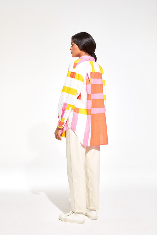 Ma Poesie Marcel Bolero button up oversized shirt in Candy pink, yellow, orange and white check stripe.