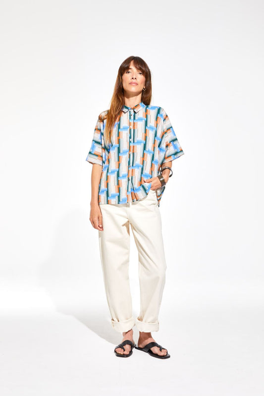 Ma Poesie cotton shirt Nora in Echo print blue, green pink and white geometric design.