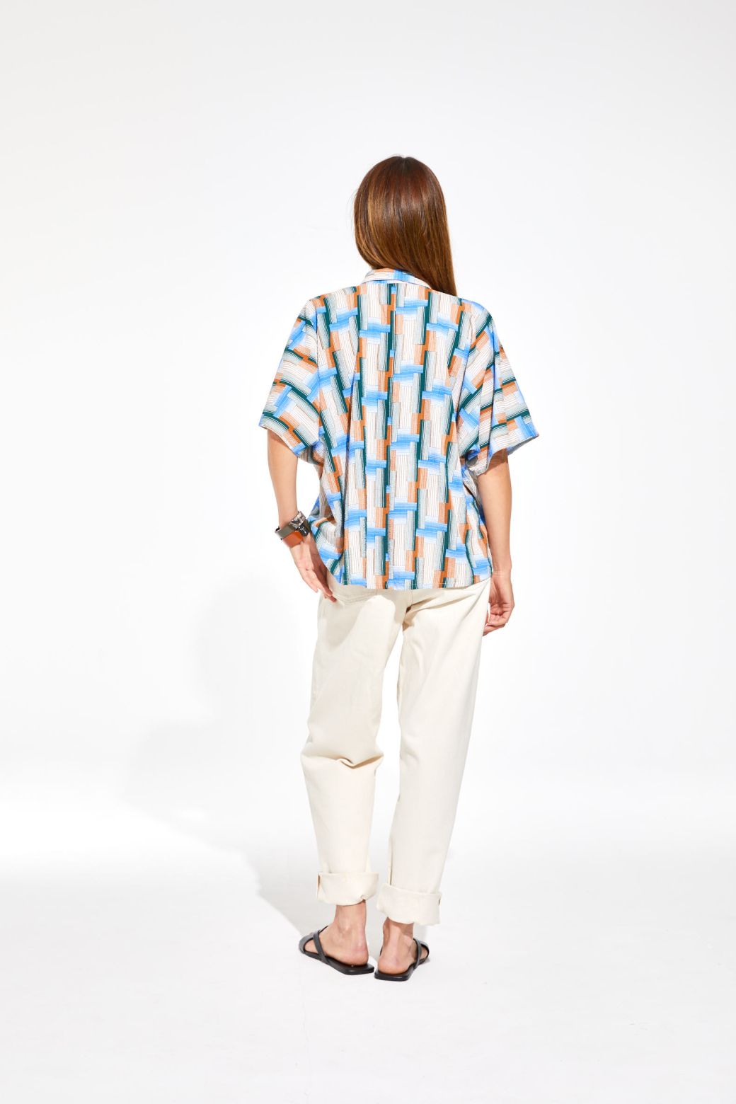 Ma Poesie cotton shirt Nora in Echo print blue, green pink and white geometric design.
