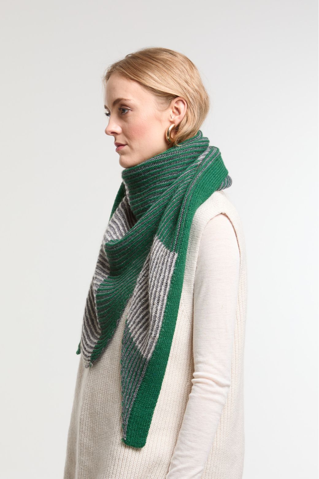 Ma Poesie Olly wool blend green and grey rib triangle scarf.