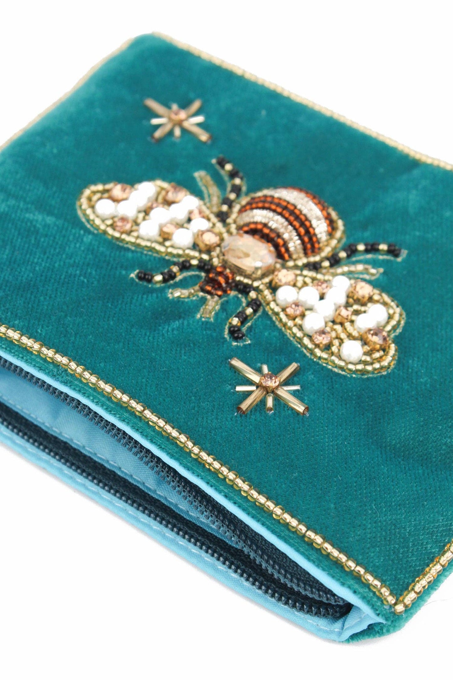My Doris handcrafted beaded zippered pouch, golden bee on teal velvet.