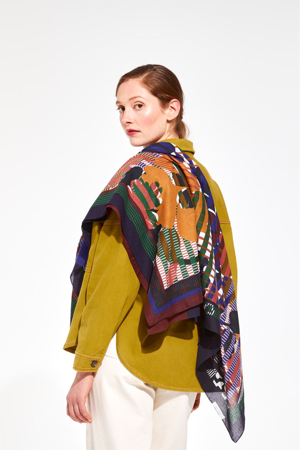 Ma Poesie Eden square cotton scarf floral and checks in brown.