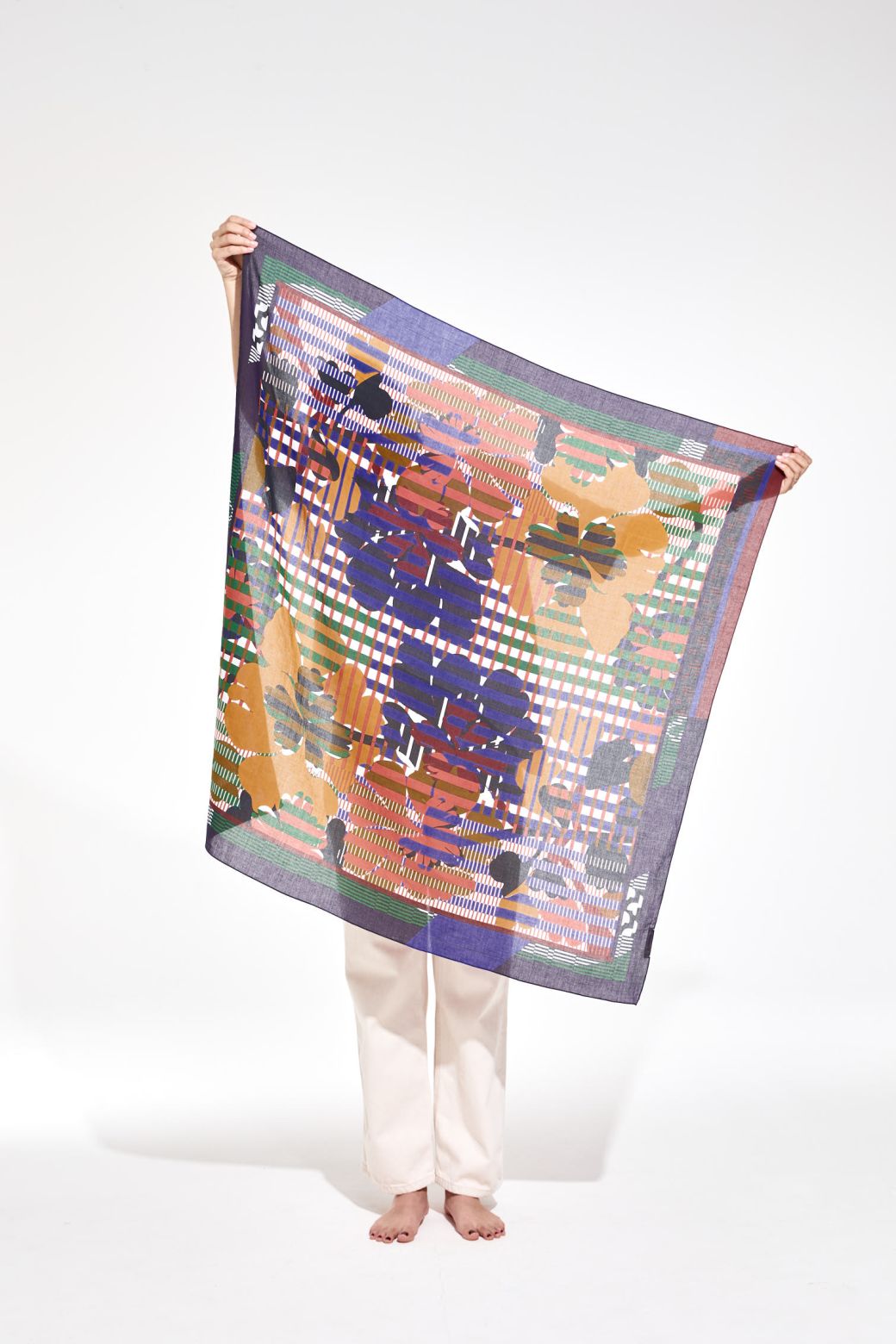 Ma Poesie Eden square cotton scarf floral and checks in brown.
