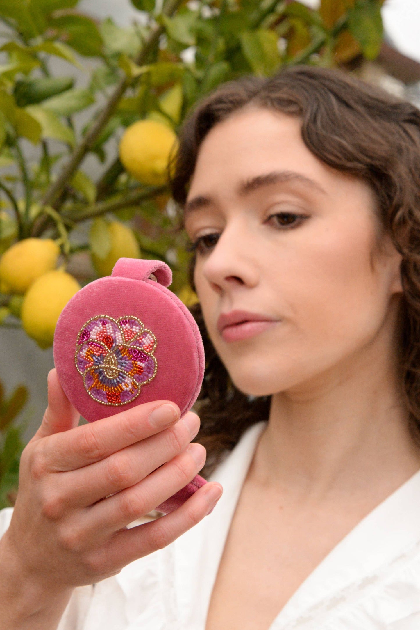 My Doris pink pansy velvet beaded compact mirror.