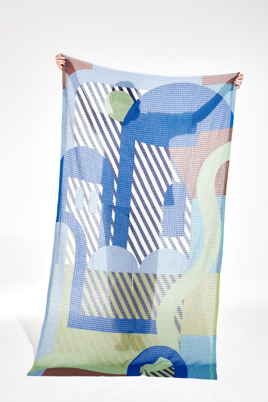 Ma Poesie Carte Postale fine handwoven cotton scarf in blue.