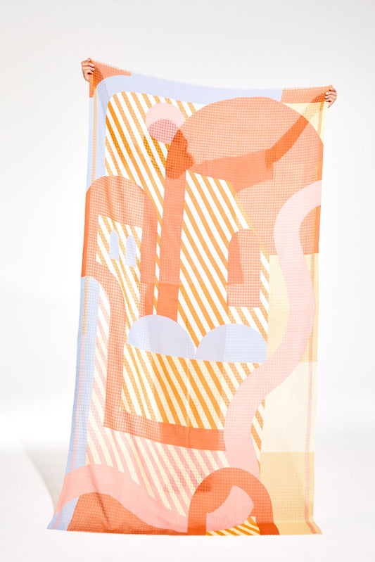 Ma Poesie Carte Postale fine handwoven cotton scarf in passion orange and pink.