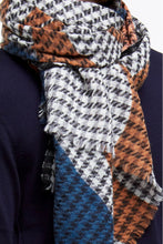 Load image into Gallery viewer, Ma Poesie Decor scarf i orange, black and white houndstooth on blue, and orange.