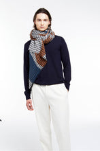 Load image into Gallery viewer, Ma Poesie Decor scarf i orange, black and white houndstooth on blue, and orange.