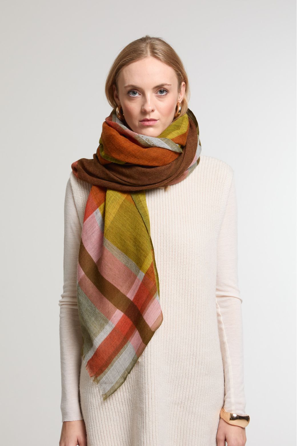 Ma Poesie Divine fine wool scarf in ochre, woven colour block in ochre, mustard and brown.