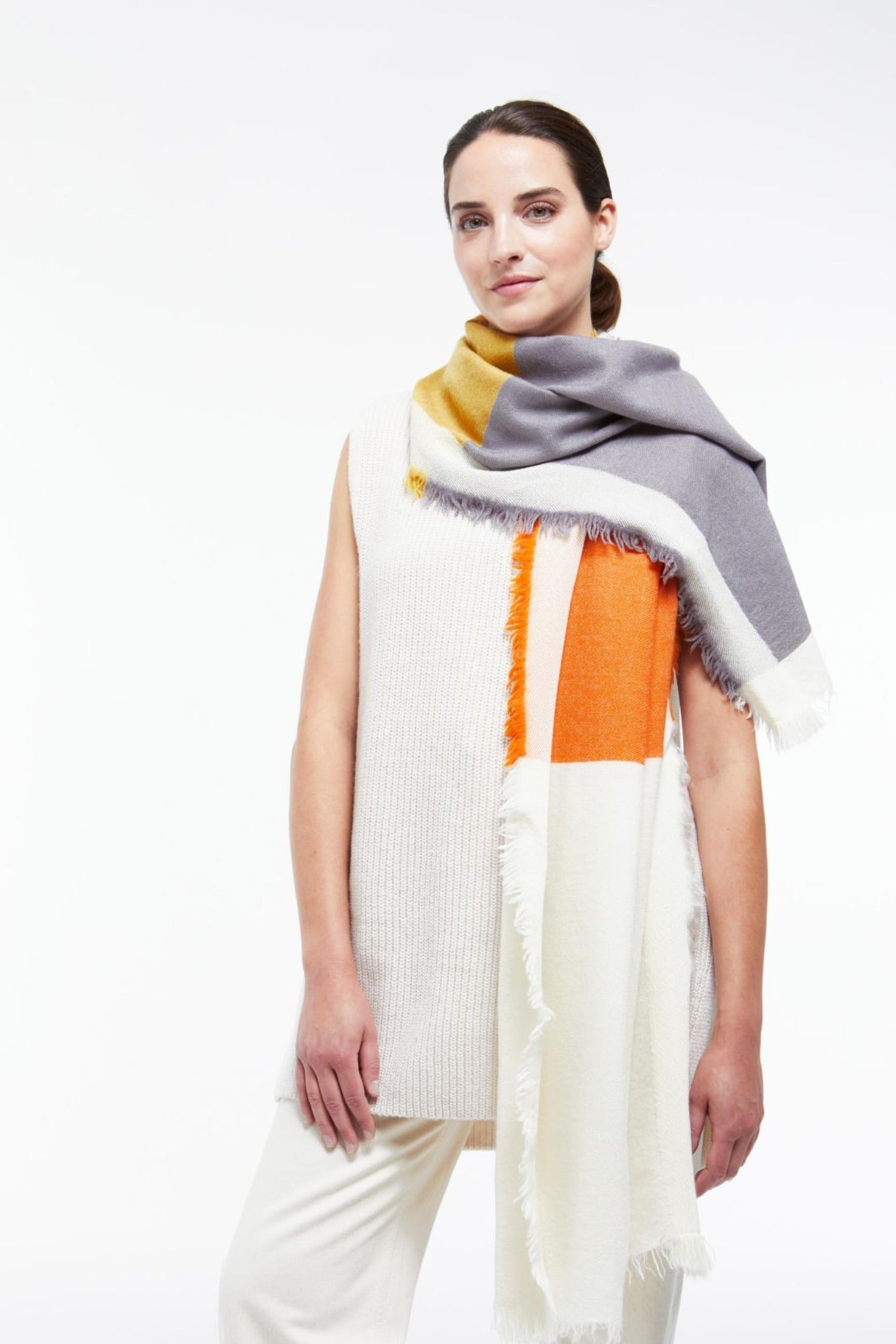 Ma Poesie orange parma Suzon scarf in pure wool, fringed in white grey mustard and orange.