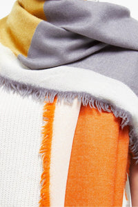 Ma Poesie orange parma Suzon scarf  in pure wool, fringed in white grey mustard and orange.