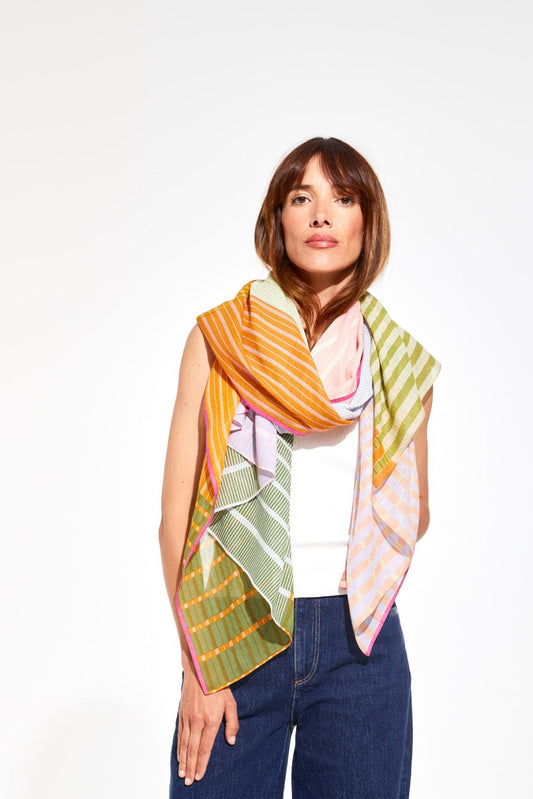 Fine cotton Ma Poesie Vibrant scarf in pastel, stripes and checks.