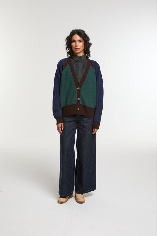 Ma Poesie Claude pure wool colour-blocked rib knit cardigan with blue, green, and brown sections.